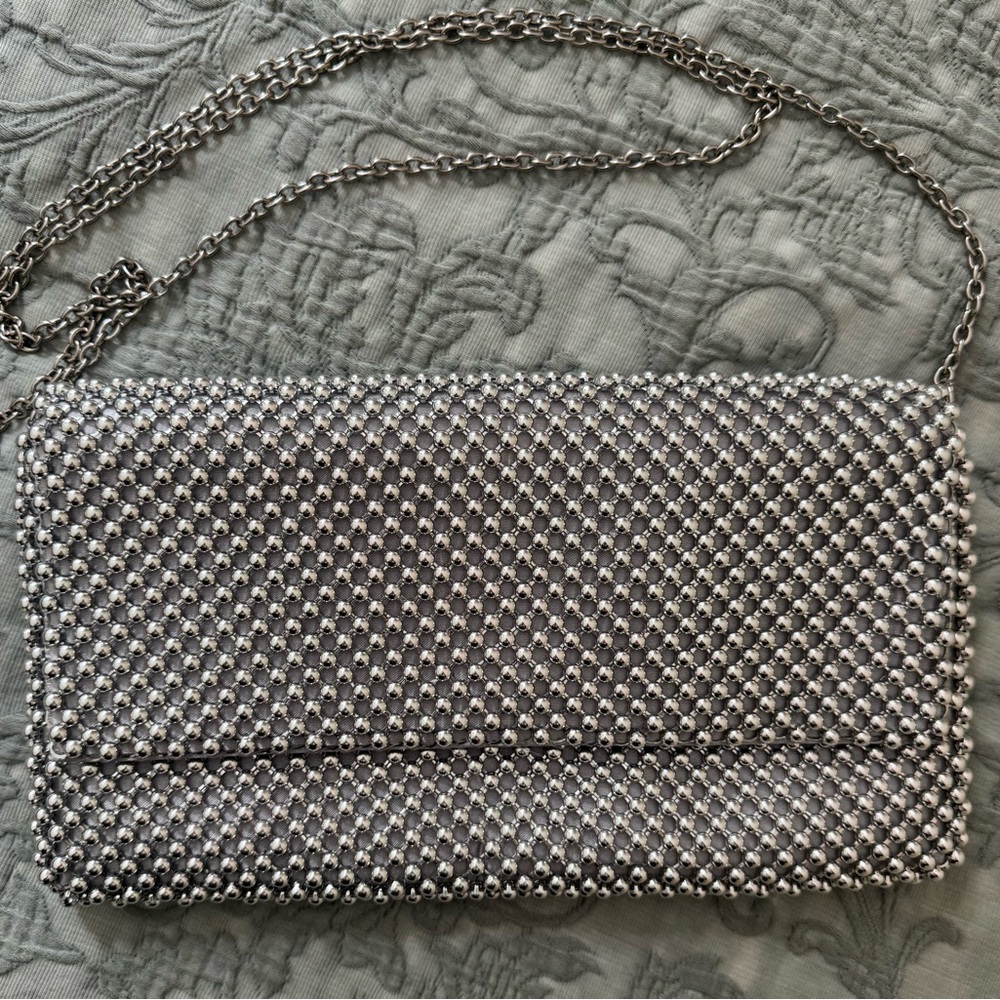 NINE WEST NEW wedding formal Silver beaded Chain Clutch purse evening bag